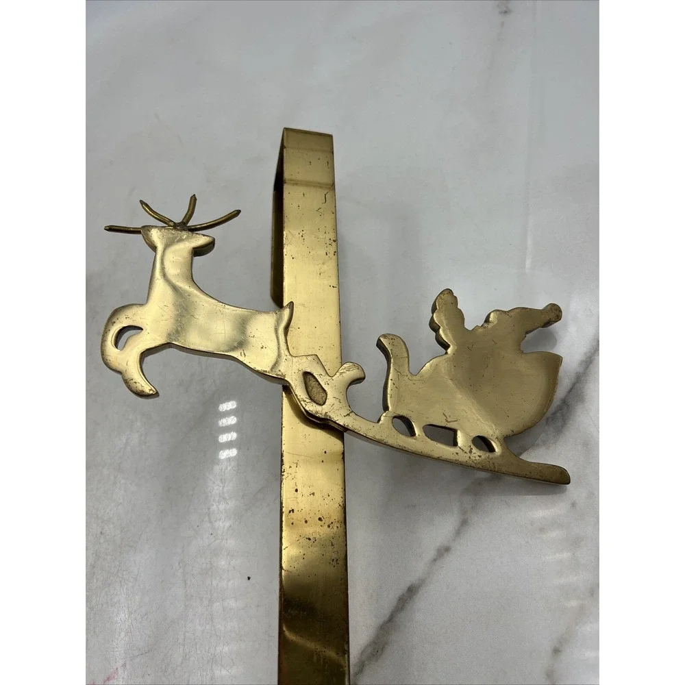 VTG Brass WREATH Hanger Over Door Reindeer Santa Sleigh Christmas Gold India x2